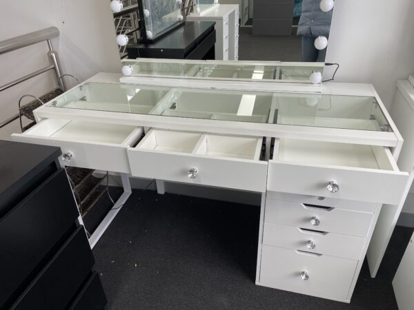 WHITE GLASS TABLE TOP MAKE-UP DRESSER TABLE WITH LED MIRROR WITH 7 DRAWERS KL-DS10N